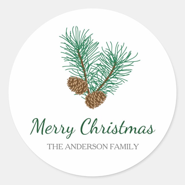 Pine Cones and Pine Branches Merry Christmas Classic Round Sticker (Front)