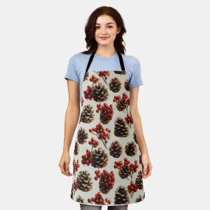Pine Cones and Red Berries Winter Pattern Apron