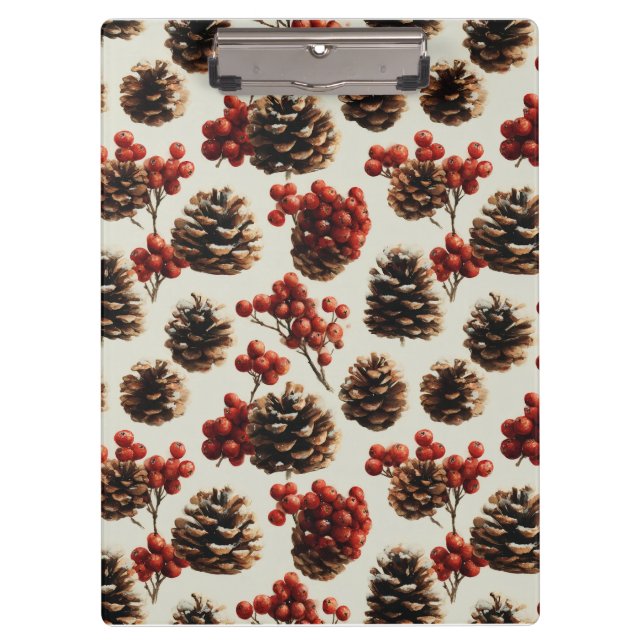 Pine Cones and Red Berries Winter Pattern Clipboard (Front)