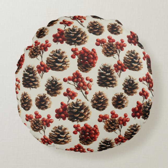 Pine Cones and Red Berries Winter Pattern Round Pillow (Front)