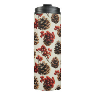 Pine Cones and Red Berries Winter Pattern Thermal Tumbler