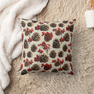 Pine Cones and Red Berries Winter Pattern Throw Pillow