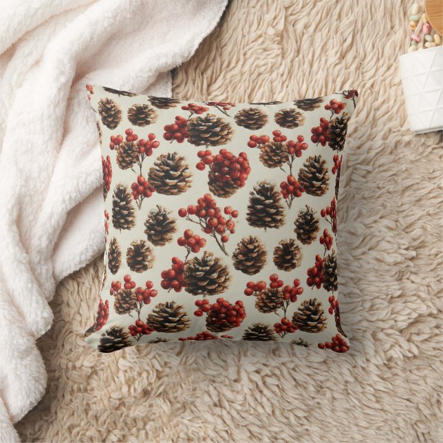 Pine Cones and Red Berries Winter Pattern Throw Pillow (Blanket)