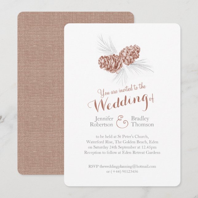 Pine cônes art brun gris hiver mariage invitations (Devant / Derrière)
