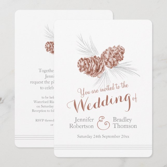 Pine cônes art brun hiver mariage invitations (Devant / Derrière)