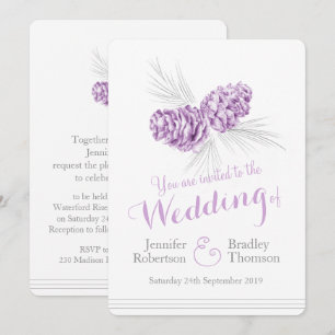 Pine cones art purple grey wedding invitations