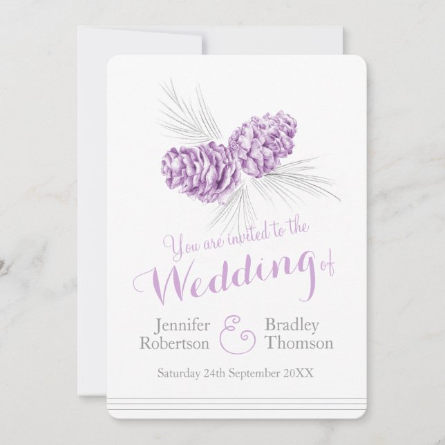 Pine cônes art violet gris invitation de mariage (Devant)
