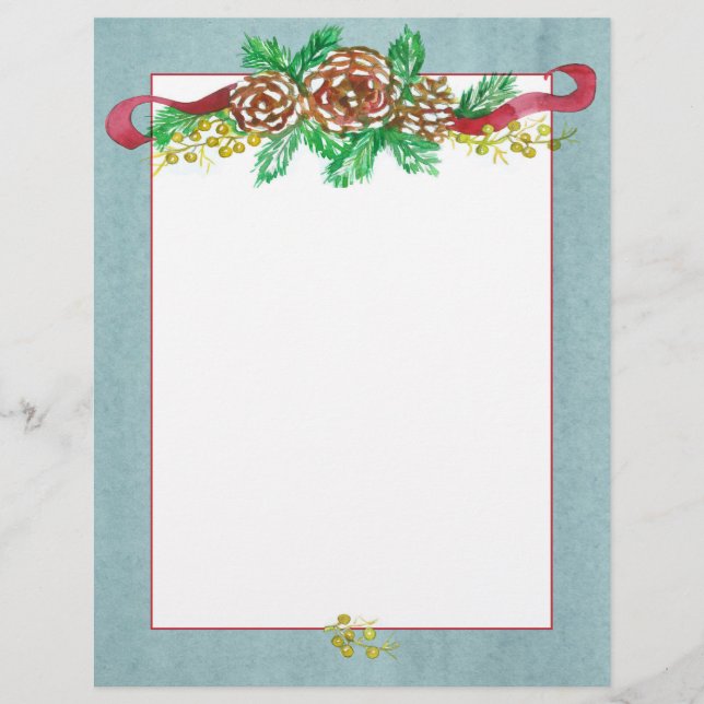 Pine Cones Berries Grey Christmas Letter Letterhead (Front)