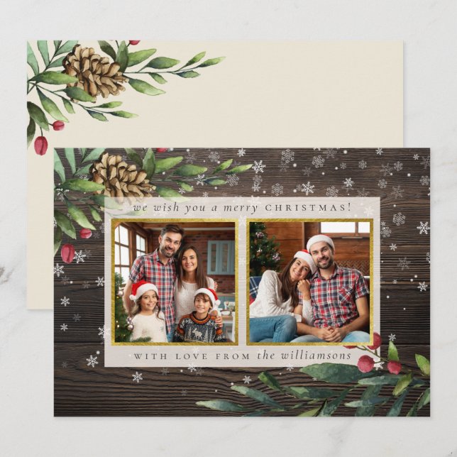 Pine Cones & Berries | Wood & Gold Christmas Photo Invitation (Front/Back)