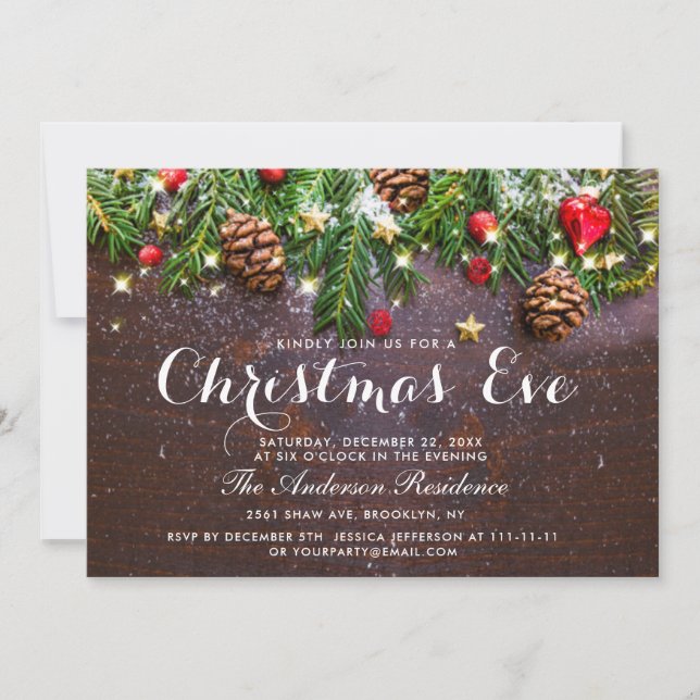 Pine Cones Branch Rustic Holiday Christmas Eve Invitation (Front)