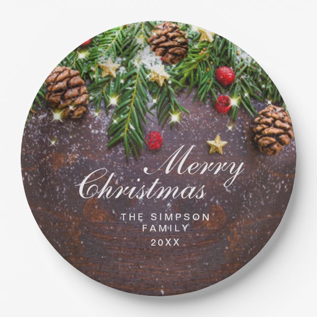 Pine Cones Branch Rustic Holiday Christmas Party Paper Plate (Front)
