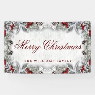 Pine Cones Branch Rustic Wood Merry Christmas Banner
