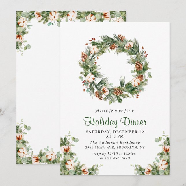 Pine Cones Fir Wreath Christmas Holiday Dinner Invitation (Front/Back)
