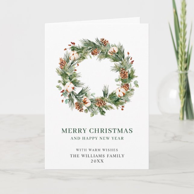 Pine Cones Fir Wreath Merry Christmas Greeting Hol Holiday Card (Front)