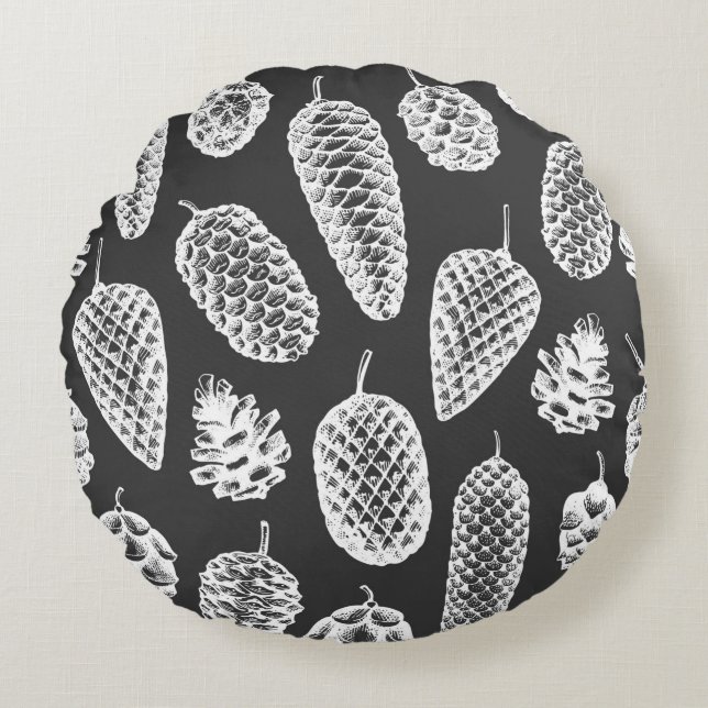 Pine cones hand drawn seamless pattern. Botanical  Round Pillow (Front)