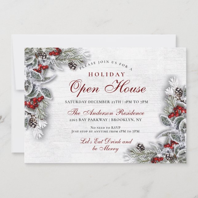 Pine Cones Holly Branch Rustic Holiday Open House Invitation (Front)