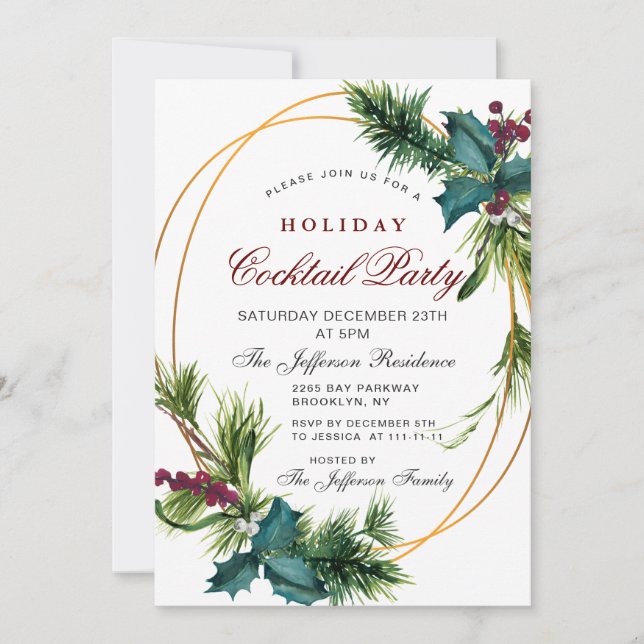 Pine Cones Holly Christmas Holiday Cocktail Party Invitation (Front)