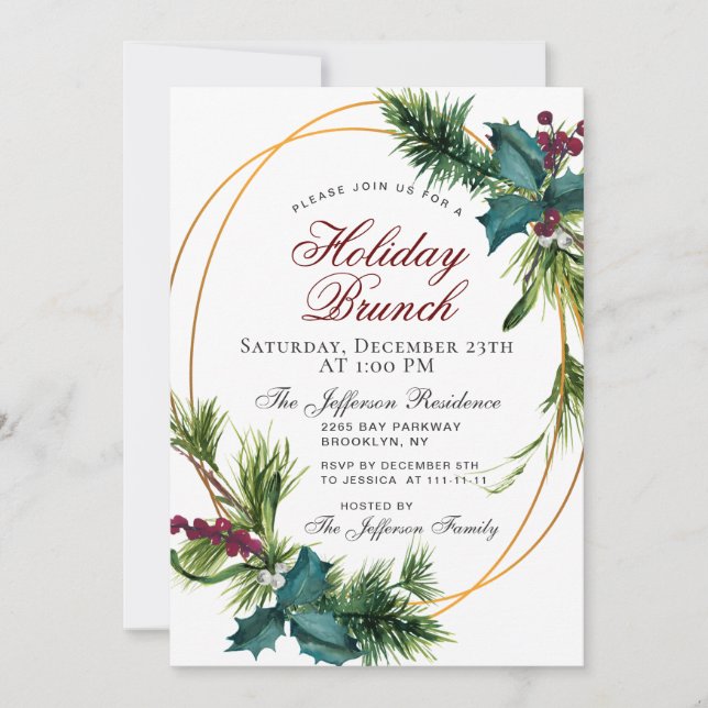 Pine Cones Holly Frame Christmas Holiday Brunch Invitation (Front)