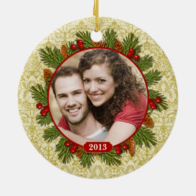 Pine Cones Holly Lace Family Photo Christmas Ceramic Ornament (Back)