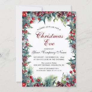Pine Cones Holly  Wreath Christmas Eve Party Invitation