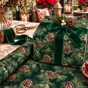Pine Cones Laden White Pine Garlands Wrapping Paper
