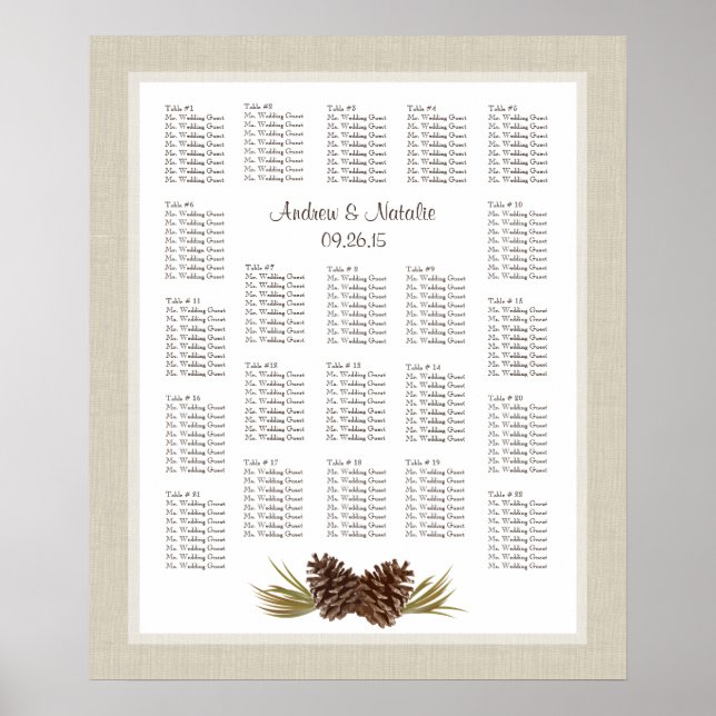 Pine Cones Light Burlap Wedding Seating Chart (Front)