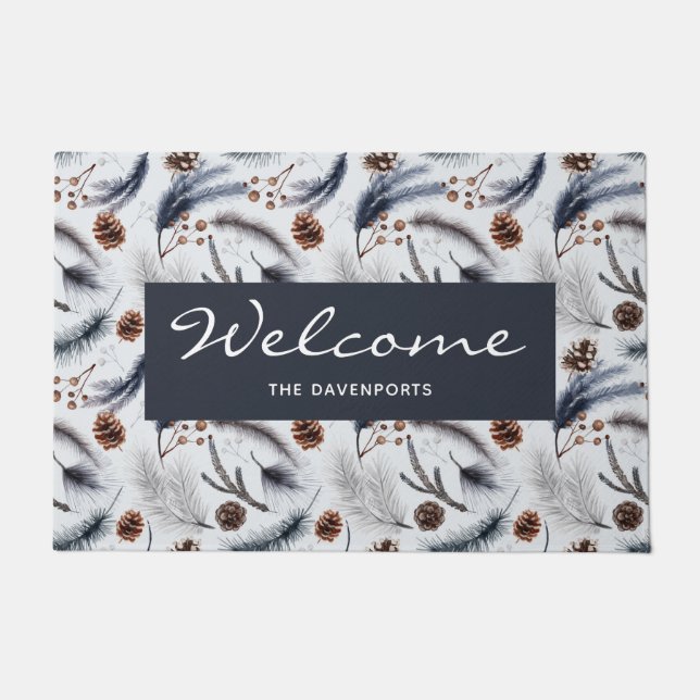 Pine Cones & Needles Watercolor Pattern Welcome Doormat (Front)