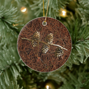 Pine Cones On Fallen Needles Ceramic Ornament