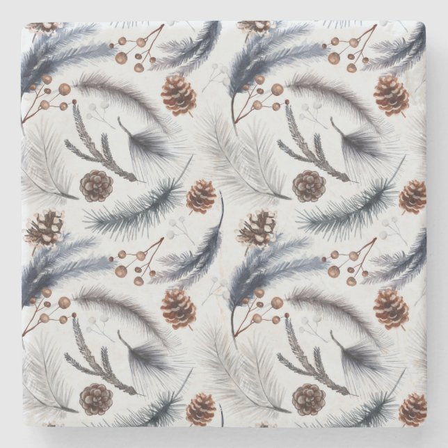 Pine Cones & Pine Needles Christmas Pattern Stone Coaster (Front)