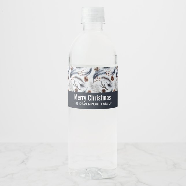 Pine Cones & Pine Needles Christmas Pattern Water Bottle Label (Front)