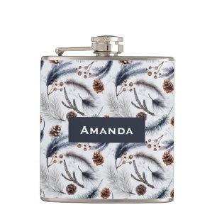 Pine Cones & Pine Needles Watercolor Pattern Hip Flask