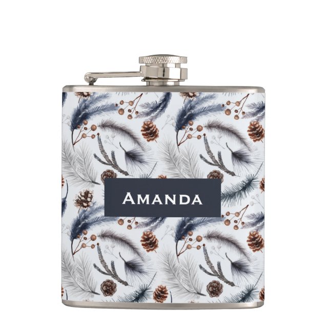 Pine Cones & Pine Needles Watercolor Pattern Hip Flask (Front)