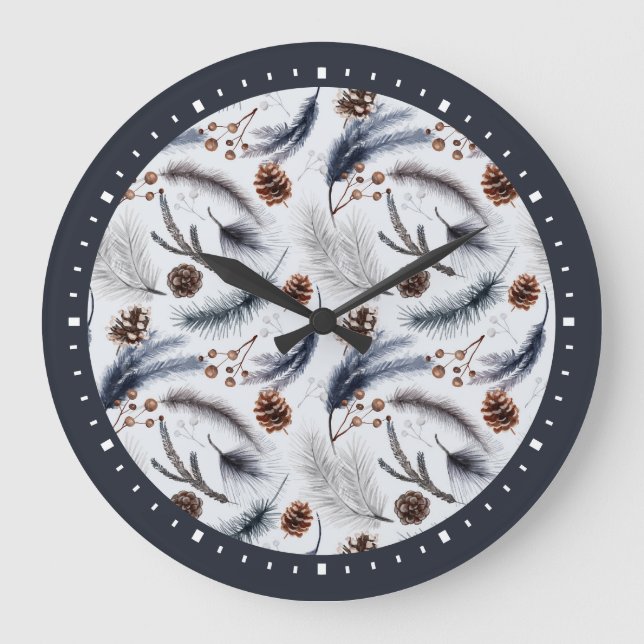 Pine Cones & Pine Needles Watercolor Pattern Large Clock (Front)