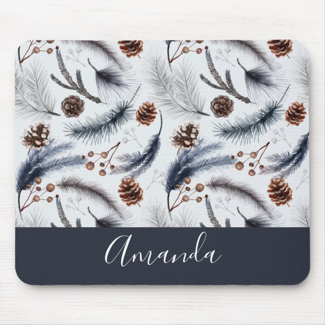 Pine Cones & Pine Needles Watercolor Pattern Mouse Pad (Front)