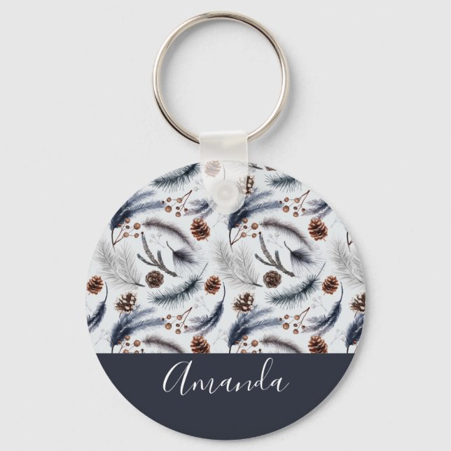 Pine Cones & Pine Needles Winter Pattern  Keychain (Front)