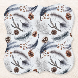 Pine Cones & Pine Needles Winter Pattern Paper Coaster