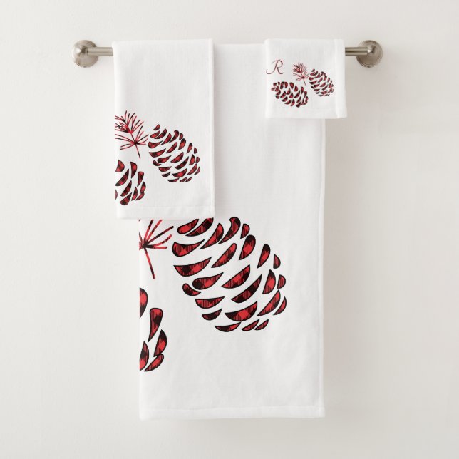 Pine Cones  Red and Black Buffalo Plaid Bath Towel Set (Insitu)