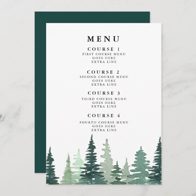 Pine d'aquarelle rustique Menu Mariage d'hiver (Devant / Derrière)