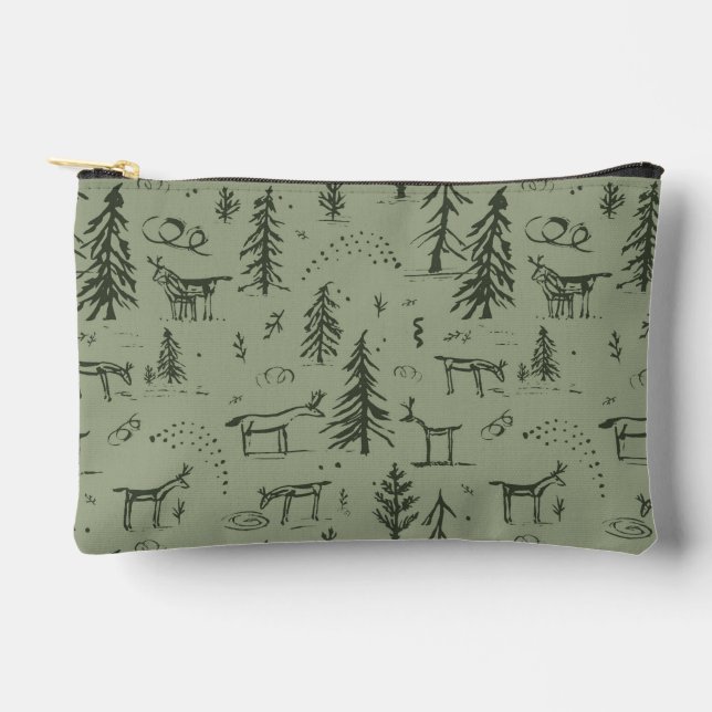 Pine Deer Lake Life - sage green woodland pattern. Accessory Pouch (Front)