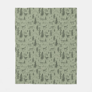 Pine Deer Lake Life - sage green woodland pattern. Fleece Blanket