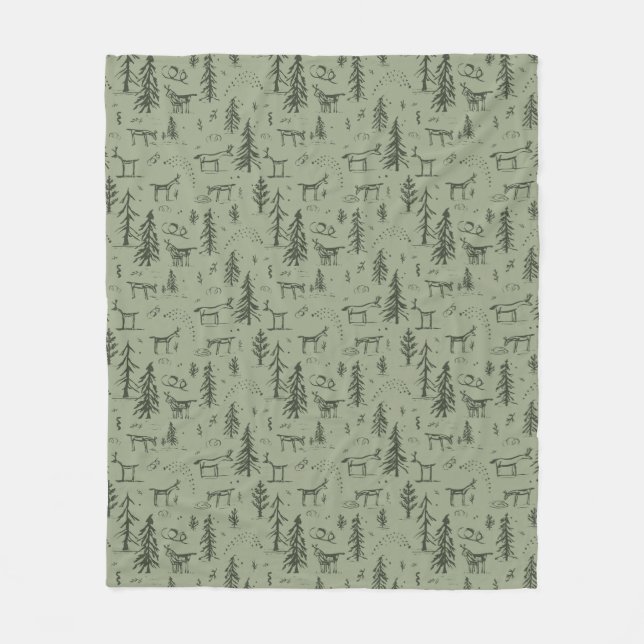 Pine Deer Lake Life - sage green woodland pattern. Fleece Blanket (Front)