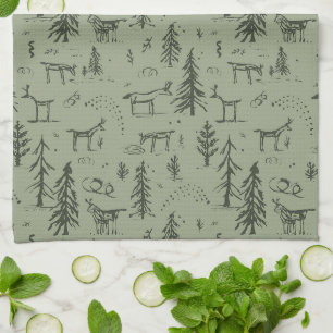 Pine Deer Lake Life - sage green woodland pattern. Kitchen Towel
