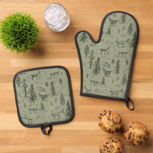 Pine Deer Lake Life - sage green woodland pattern. Oven Mitt & Pot Holder Set