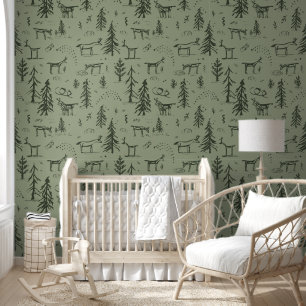 Pine Deer Lake Life - sage green woodland pattern. Wallpaper