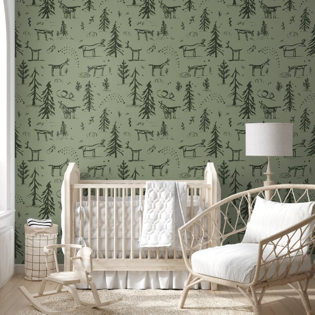 Pine Deer Lake Life - sage green woodland pattern. Wallpaper (Kids)