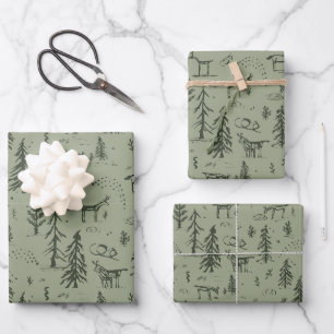 Pine Deer Lake Life - sage green woodland pattern. Wrapping Paper Sheet