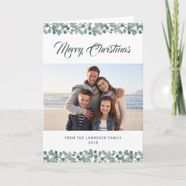 Pine Eucalyptus Foliage Merry Christmas Photo Holiday Card (Front)