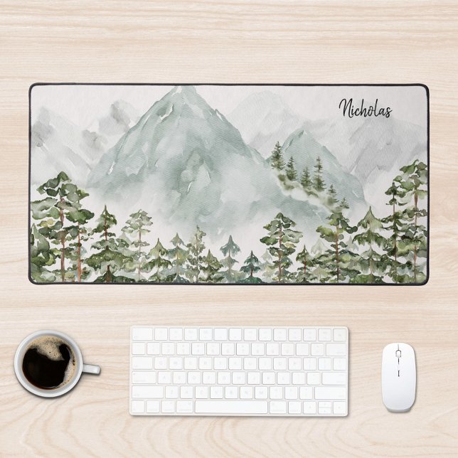Pine Forest and Mountains Desk Mat (In situ office desk)