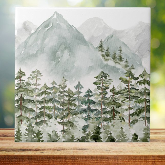 Pine Forest and Mountains Watercolor Tile (Close up)