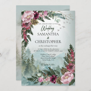 Pine Forest Burgundy Dusty Rose Watercolor Wedding Invitation